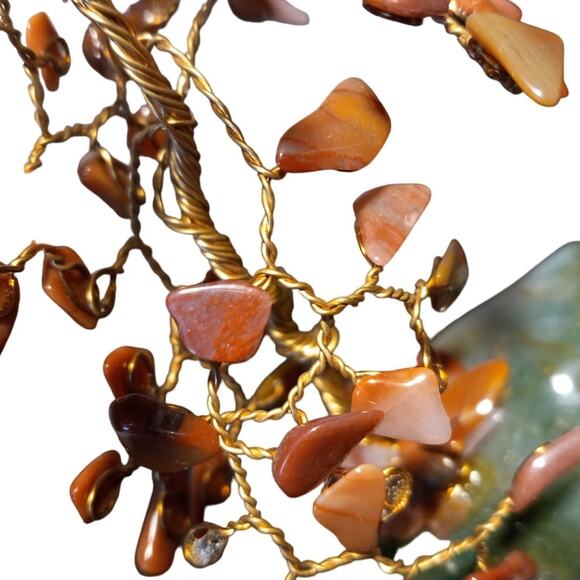 Carnelian Gemstone Bonsai Tree Copper Wire Sculpture Green Crystal Base Folk Art - Picture 3 of 9